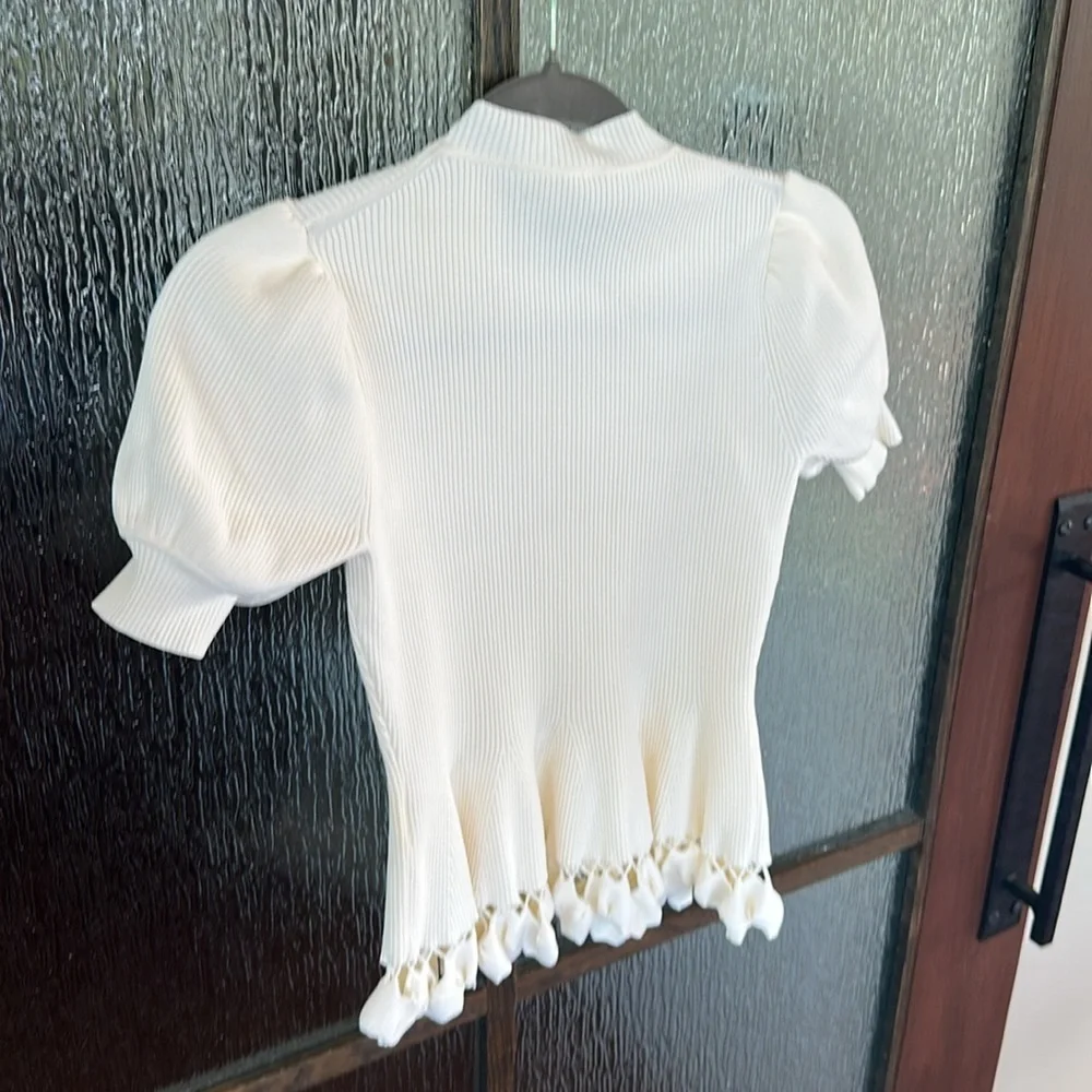 Ulla Johnson Ivory Knit Puff-Sleeve Peplum Top